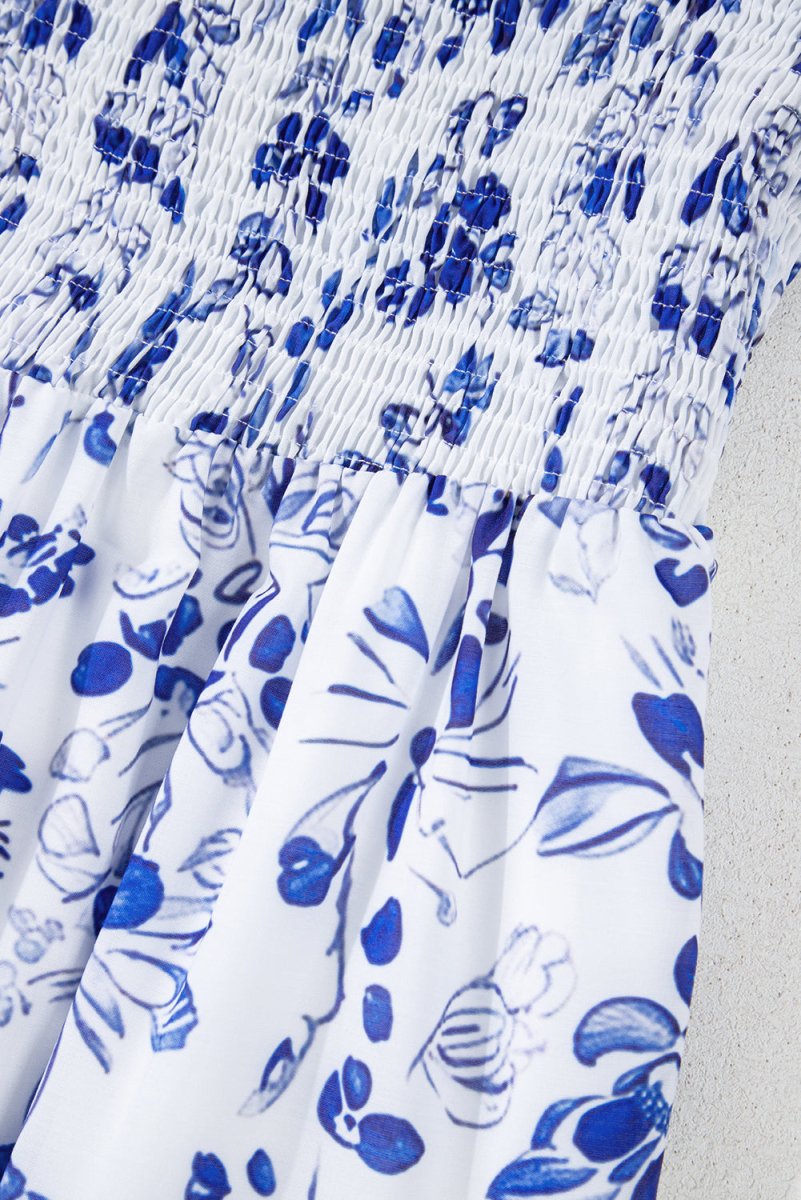 Sky Blue Floral Print Square Neck Bubble Sleeve Dress - Love Salve